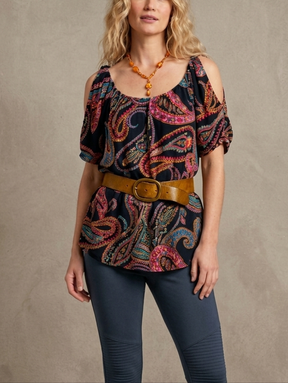 Angie Tunic Top with Colorful Paisley Accents Oversized Small